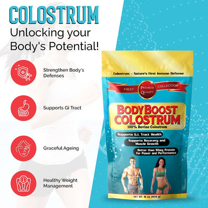BodyBoost Whole Colostrum, 100% Bovine Colostrum Powder, Immune Support with Immunoglobulin and Lactoferrin, Grass Fed Colostrum for Gut Health, 454 g