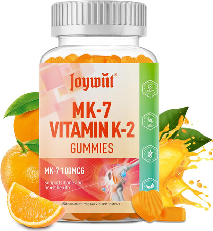 Joywiit Vitamin K2 MK-7 Gummies 100mcg, Extra Strength K2 for Bone & Cardiovascular Support, Chewable Natural Orange Flavour, Non GMO, Vegan, 60 Gummies