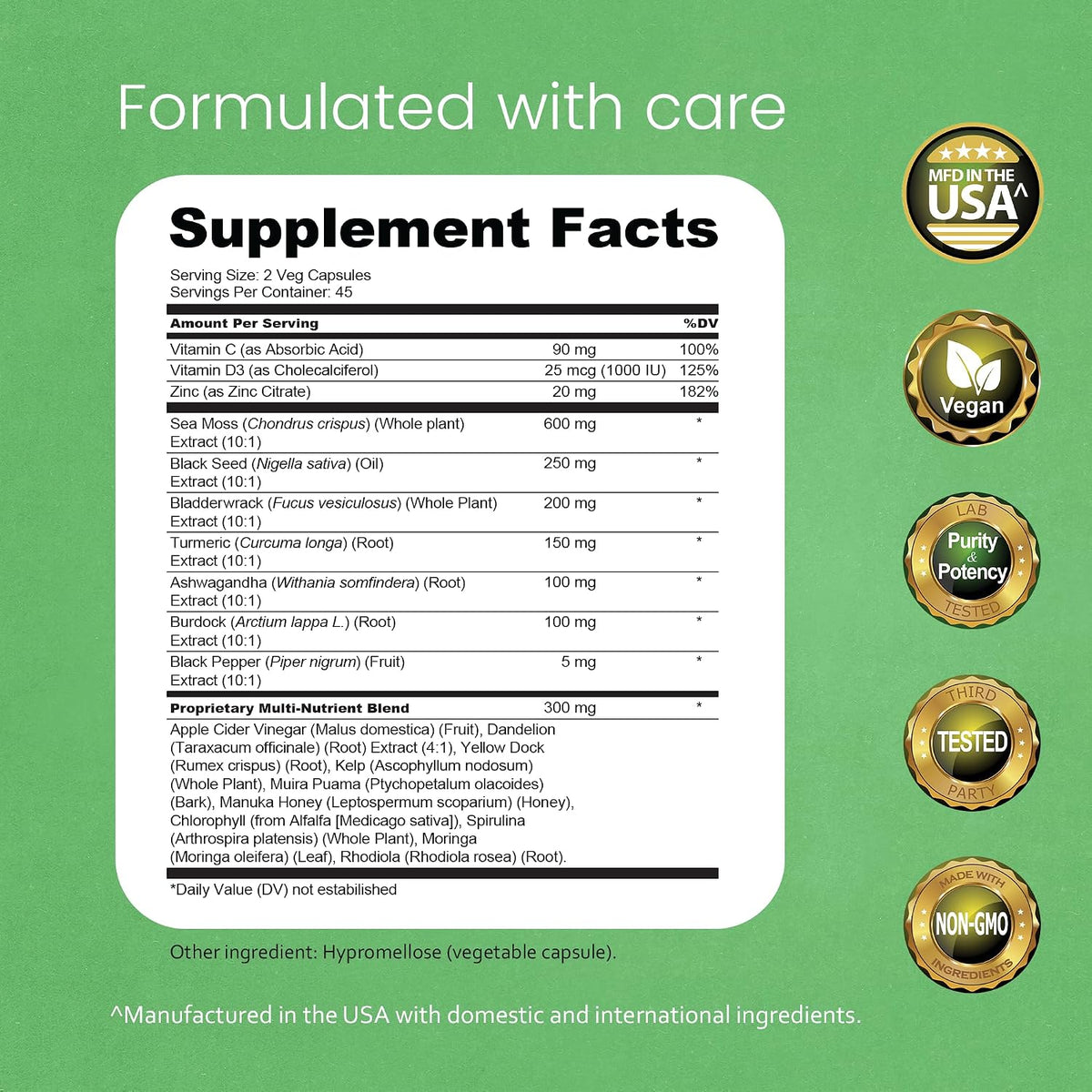 Sea Moss, Black Seed Oil, Bladderwrack, Turmeric, Ashwagandha, Burdock, Vitamin C, D3, Zinc - 90 Veggie Capsules - görsel 2