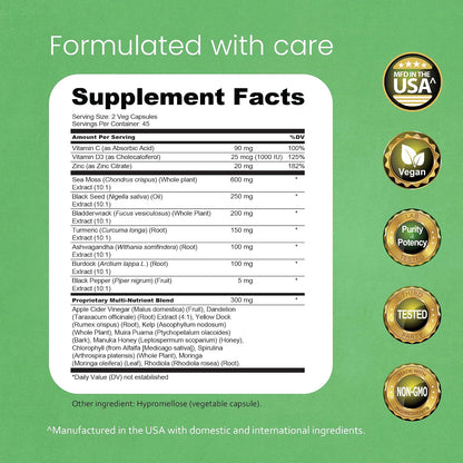 Sea Moss, Black Seed Oil, Bladderwrack, Turmeric, Ashwagandha, Burdock, Vitamin C, D3, Zinc - 90 Veggie Capsules