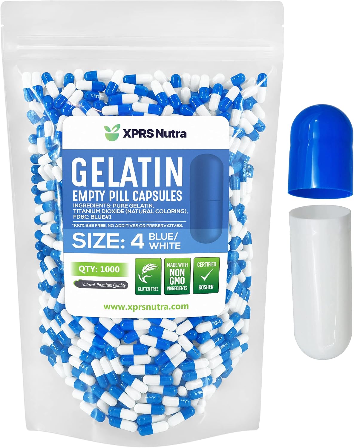 XPRS Nutra Size 4 Empty Capsules - 1000 Count Small Empty Gelatine Capsules - DIY Capsule Filling - Fillable Pure Bovine Gel Caps for Do-It-Yourself Supplements (Blue/White) - görsel 1
