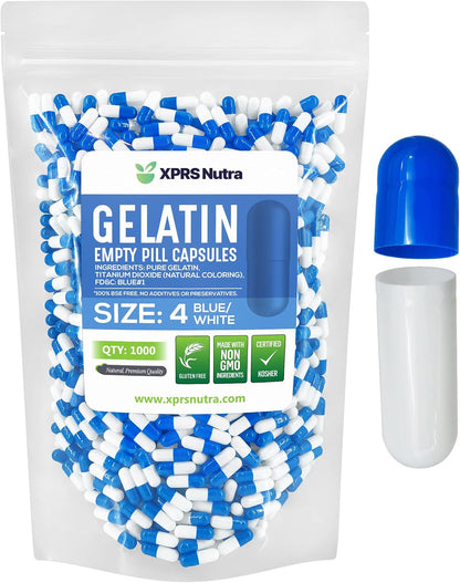 XPRS Nutra Size 4 Empty Capsules - 1000 Count Small Empty Gelatine Capsules - DIY Capsule Filling - Fillable Pure Bovine Gel Caps for Do-It-Yourself Supplements (Blue/White)