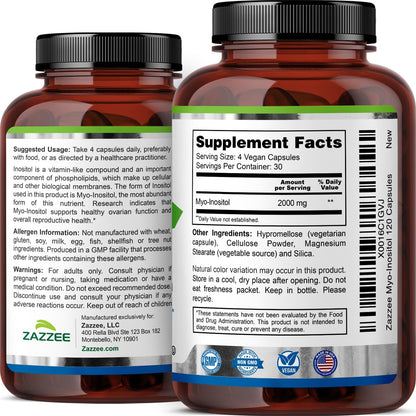 Zazzee Myo-Inositol Capsules, 2000 mg per Serving, 120 Vegan Capsules