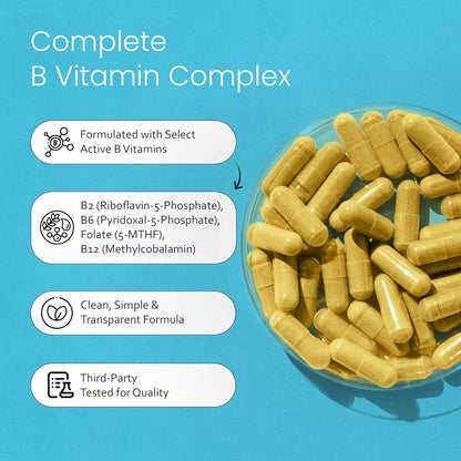 NaturaLife Labs Vitamin B Complex – Active B Vitamins (B2, B6, B9, B12) plus Vitamin C – 100 Capsules