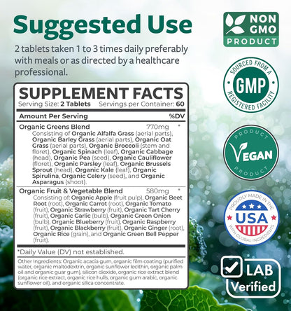 USDA Organic Super Greens Supplement – 28 Superfood Complex, Vegan & Non-GMO Tablets (Up to 2 Month Supply)