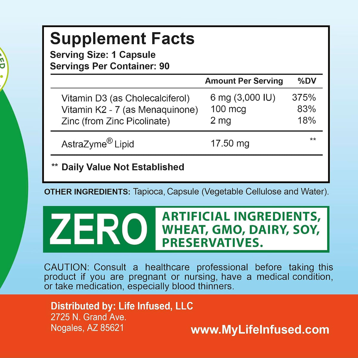 Life Infused Vitamin D3 + K2 with Zinc & Enzymes - 3000 iU D3, MK-7 K2, 90 Vegan Capsules - görsel 6