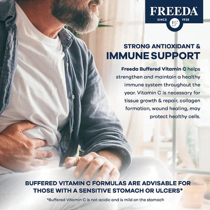 FREEDA Buffered Vitamin C 500mg – Non-Acidic Calcium Ascorbate – Immune Support & Antioxidant – Kosher, Gentle on Stomach – 100 Capsules