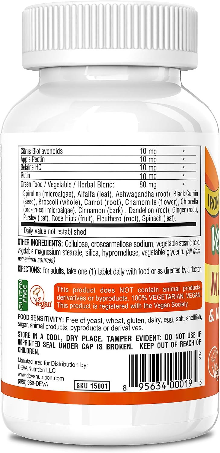 DEVA Vegan Multivitamin and Mineral Supplement - One Daily Vitamin Formula with Greens - Iron Free - 90 Coated Tablets - görsel 3