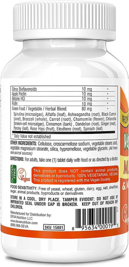 DEVA Vegan Multivitamin and Mineral Supplement - One Daily Vitamin Formula with Greens - Iron Free - 90 Coated Tablets