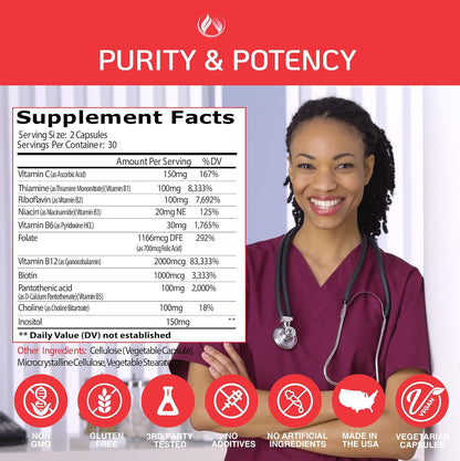 Vitamin B Complex with Vitamin C, Biotin, Inositol, Folic Acid – Energy, Brain and Immune Support