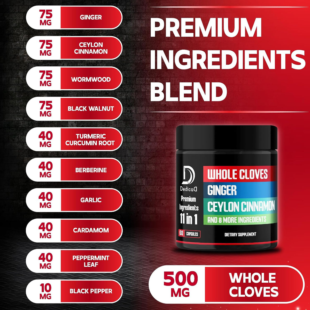 DEDICAD 11in1 Cloves Supplement with Ginger, Ceylon Cinnamon, and 8 Other Herbs - Digestive, Immune, and Mood Support - 60 Capsules (30-Day Supply) - görsel 3