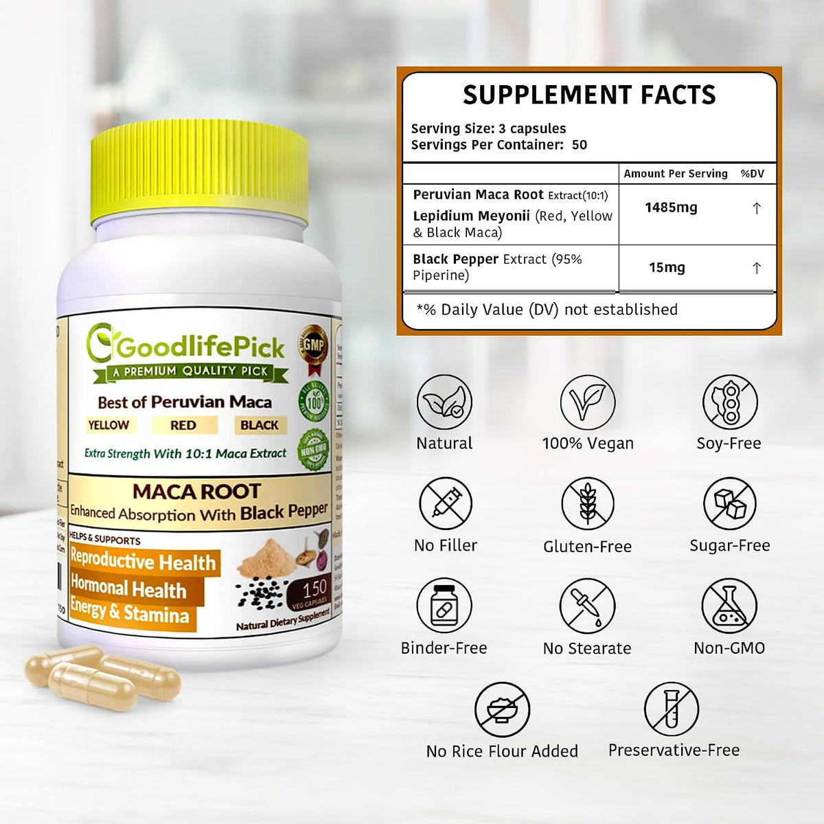 Peruvian Maca Root Capsules 150 Capsules - Powerful Maca Blend of Yellow, Red & Black Maca with Black Pepper - görsel 4
