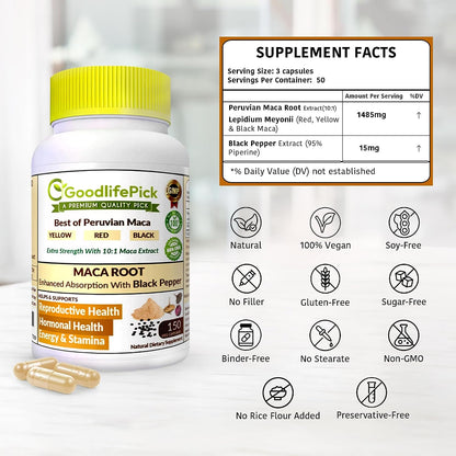 Peruvian Maca Root Capsules 150 Capsules - Powerful Maca Blend of Yellow, Red & Black Maca with Black Pepper