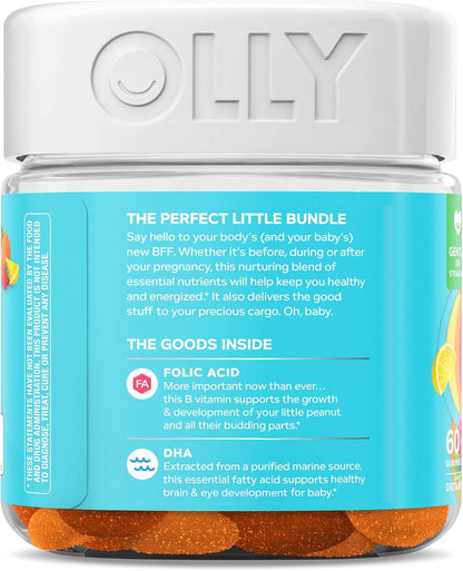 Olly Prenatal Multivitamin Gummy, Folic Acid, Vitamin D, Omega DHA, Chewable Supplement, 60 Gummies (3 Count)