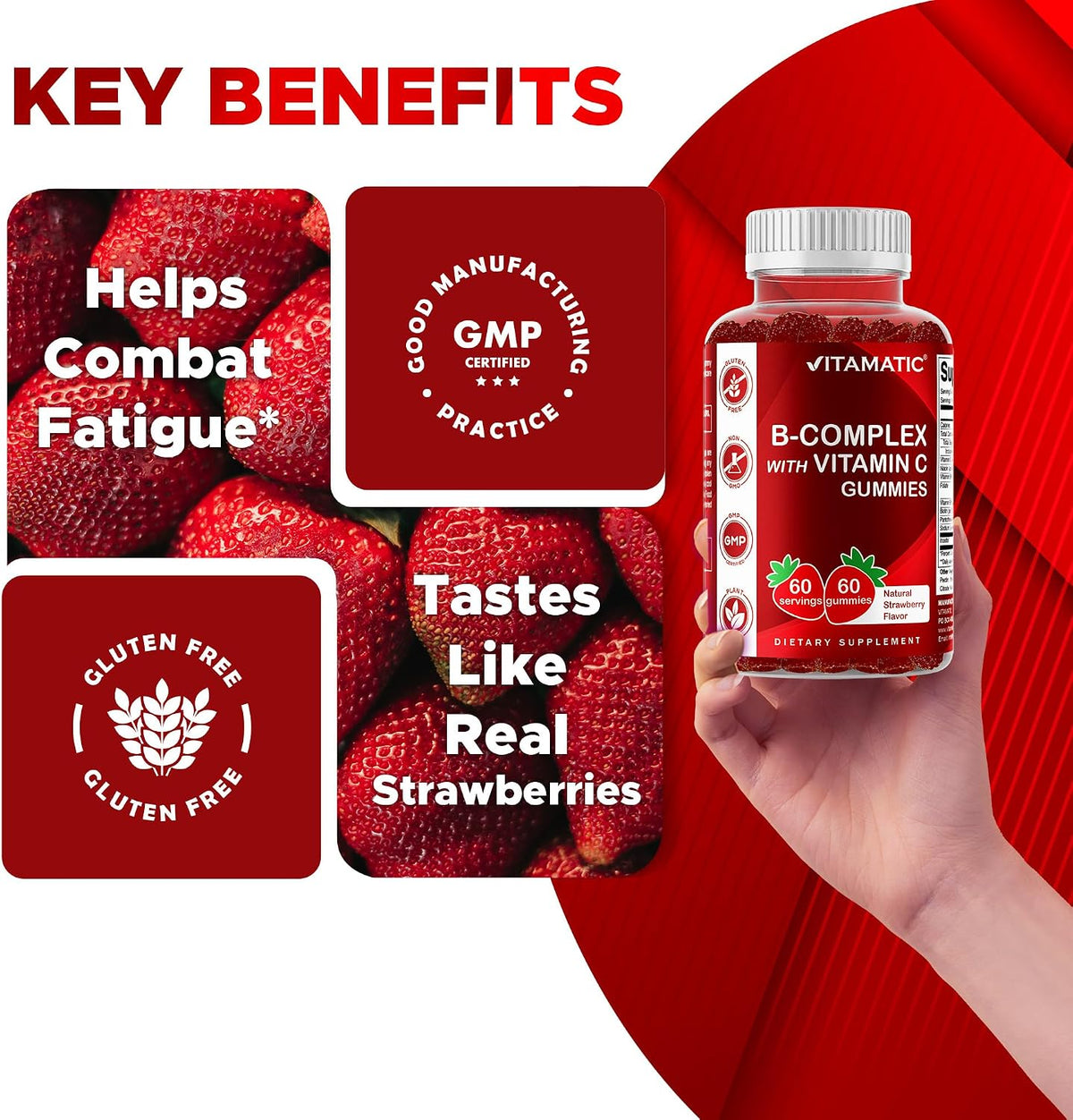 Vitamatic Vitamin B Complex Gummies with Vitamin C & Inositol - Natural Strawberry Flavour - 60 Gummies (2 Bottles) - görsel 5