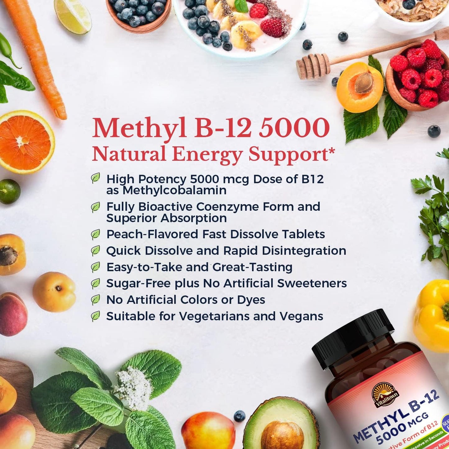 Vitalitown Vitamin B12 (Methyl B12) 5000 mcg – Bioactive Fast Dissolve Tablets, Natural Peach Flavour, Sugar-Free, 90 Count - görsel 3