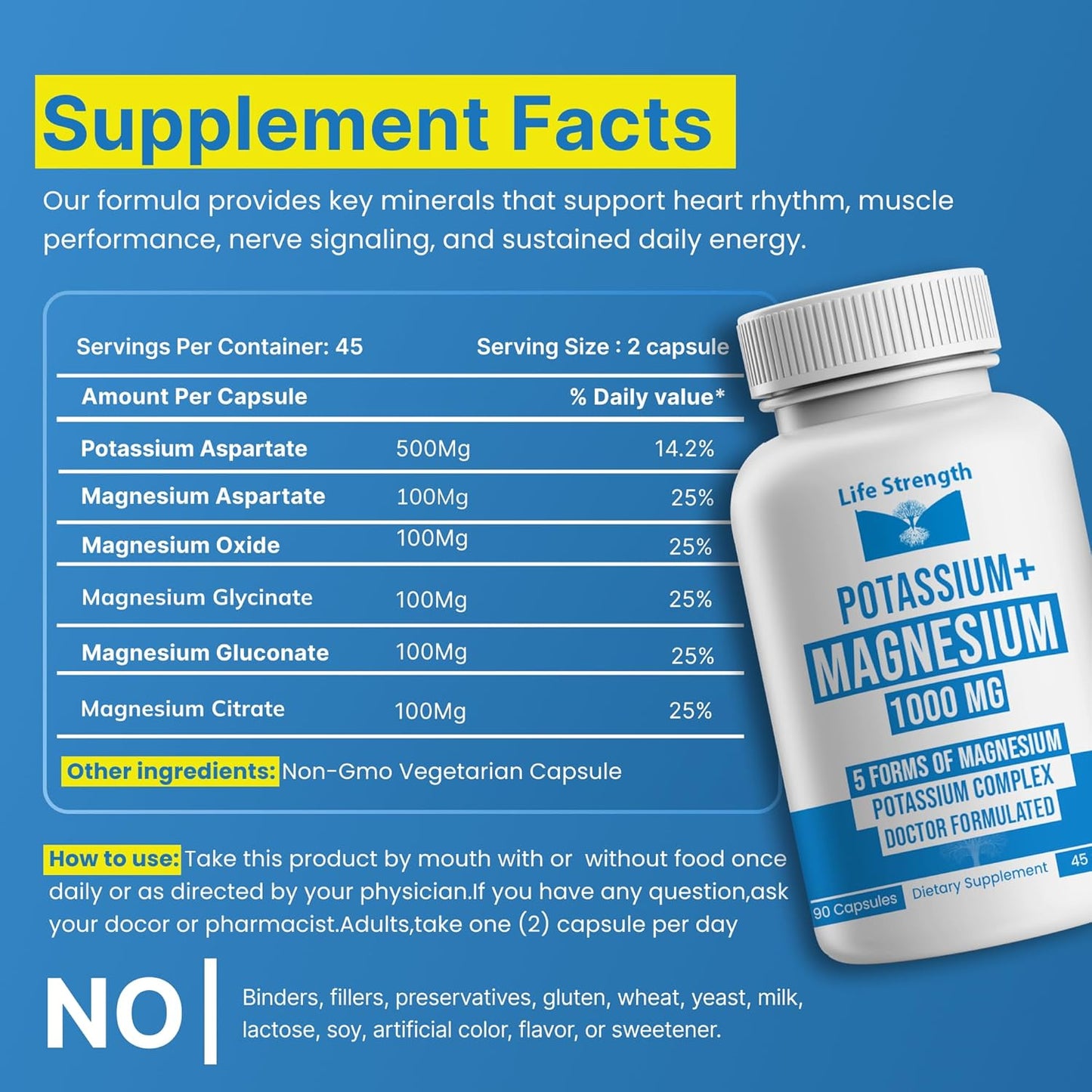 Life Strength Potassium Magnesium Supplement 1000mg – 90 Capsules - görsel 5