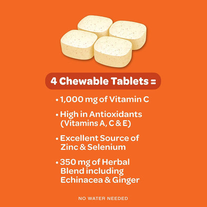 Airborne 1000mg Vitamin C Chewable Tablets with Zinc, Immune Support Supplement with Powerful Antioxidants Vitamins A C & E - 32 Chewable Tablets, Citrus Flavour