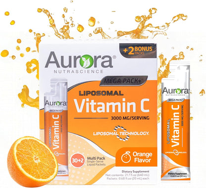 Aurora Nutrascience Liposomal Liquid Vitamin C – Immune System Support, 1000mg, Sugar Free, 30 Packets, Orange