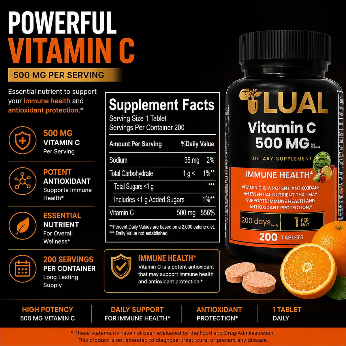 LUAL Vitamin C 500mg Chewable Tablets, Tropical Fruit Flavour, Immune Support & Antioxidant Supplement, Gluten-free, 200 Count - görsel 6