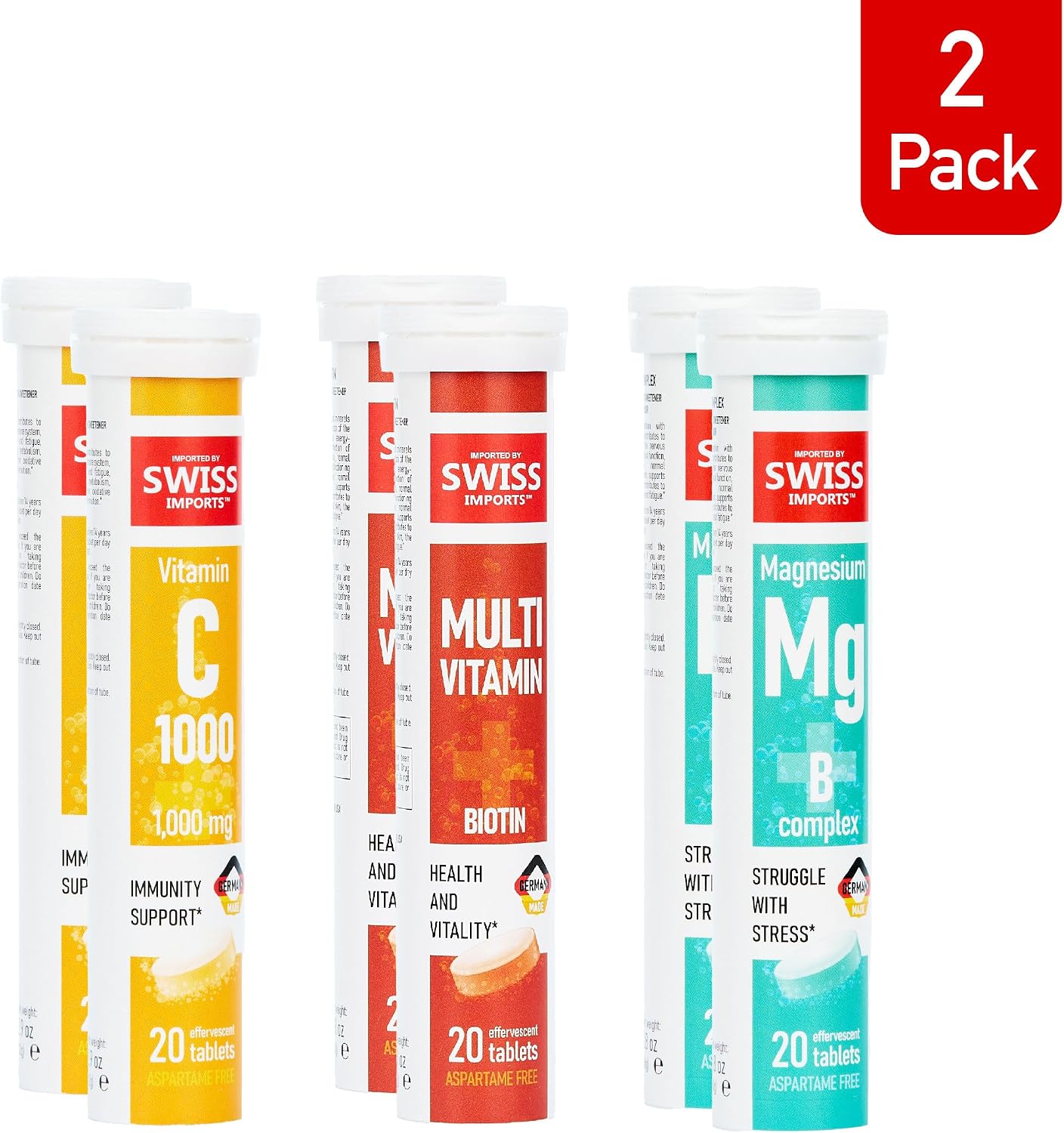 Swiss Imports Effervescent Variety Pack – Vitamin C, Magnesium + B Complex, Multivitamin + Biotin (6-Pack, 120 Tablets) - görsel 2