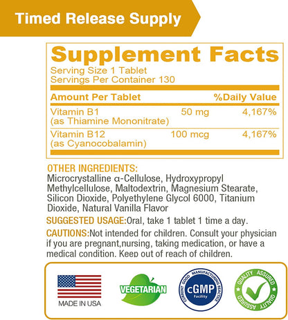 LOVITA Vitamin B1 (Thiamine) 50mg Timed Release – 8 Hour Sustained with B12, 130 Vegan Tablets