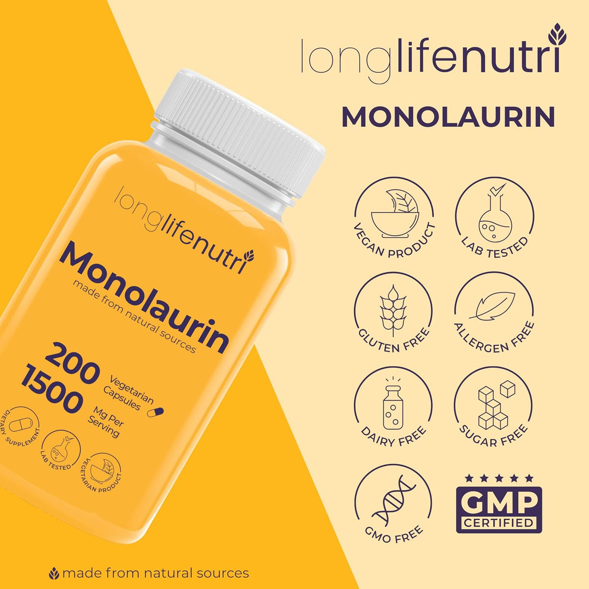 LongLifeNutri Monolaurin 1500mg - 200 Vegetarian Capsules, 100-Day Supply - görsel 7