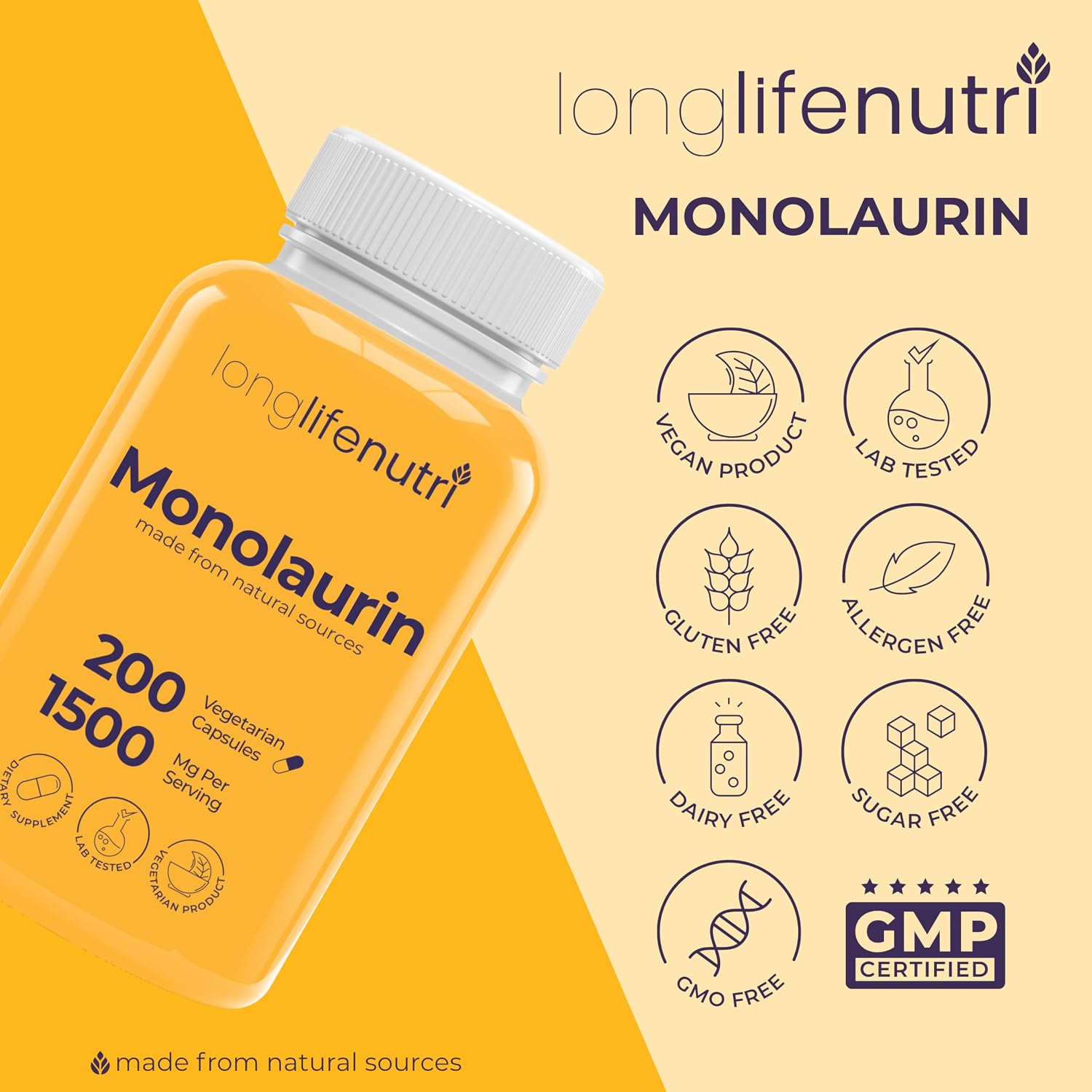 LongLifeNutri Monolaurin 1500mg - 200 Vegetarian Capsules, 100-Day Supply - görsel 7