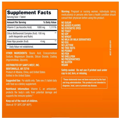 Vitamin C 1000mg with Citrus Bioflavonoids & Rose Hips – Immune Defence Support – 500 Tablets