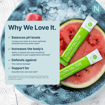 NEORA Youth Factor – Superfood Boost Powder – pH Balance, Hair Skin and Nails Support, Fruits & Vegetables Equivalent, Nutrient Absorption – 30 Packets