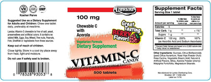 LANDAU Vitamin C Chewable 100 mg - 500 Chewable Tablets with Acerola, Berry Flavour