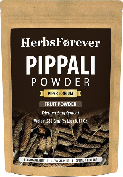 HerbsForever Pippali (Piper longum) Fruit Powder - Wild Harvested, Non-GMO, Vegan (230g)