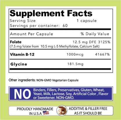 L-Methylfolate 7.5 mg + Vitamin B12 1000 mcg with Glycine - 60 Vegetarian Capsules