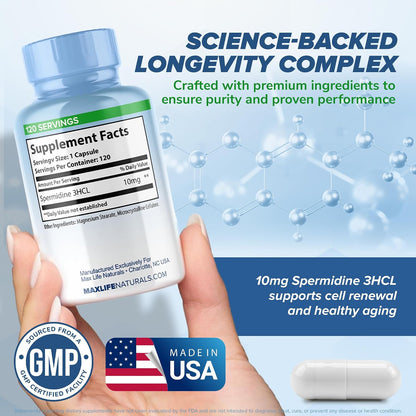 Pure Spermidine Supplement with Trihydrochloride 3HCL 10 mg - 120 Capsules