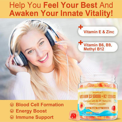 NEVISS Vitamin D3 5000IU + K2 (MK-7) 120mcg Gummies – Sugar Free, with Methylated B12, B9, B6, Vitamin E, Zinc & MCT Oil – Contributes to Bone & Immune Health, 1 Pack