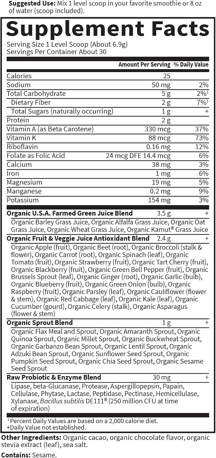 Garden of Life Raw Organic Perfect Food Green Superfood Juiced Greens Powder - Chocolate, 30 Servings - Non-GMO, Gluten-free, Vegan Whole Food Supplement, Plus Probiotics & Enzymes - görsel 6