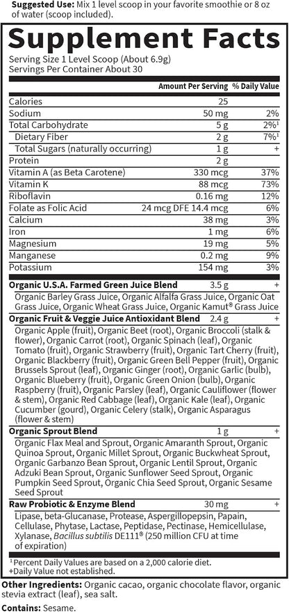 Garden of Life Raw Organic Perfect Food Green Superfood Juiced Greens Powder - Chocolate, 30 Servings - Non-GMO, Gluten-free, Vegan Whole Food Supplement, Plus Probiotics & Enzymes