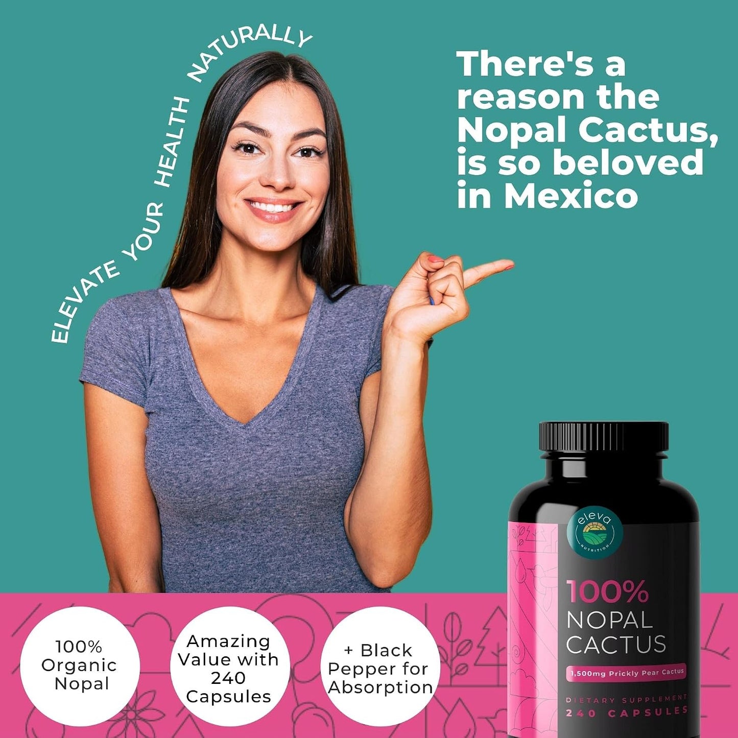 Nopal Cactus Capsules 1500mg – Organic Sun-Dried Prickly Pear Cactus Powder & Black Pepper Extract for Absorption – Natural Prickly Pear Super Supplement, Fibre, Vitamins and Minerals, 240 Capsules - görsel 2