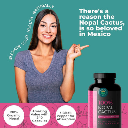Nopal Cactus Capsules 1500mg – Organic Sun-Dried Prickly Pear Cactus Powder & Black Pepper Extract for Absorption – Natural Prickly Pear Super Supplement, Fibre, Vitamins and Minerals, 240 Capsules