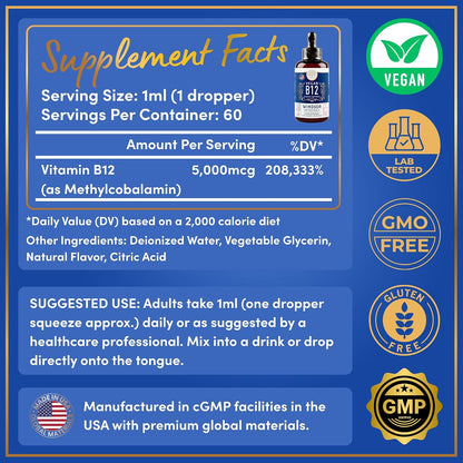 WINDSOR BOTANICALS Vegan Vitamin B12 Liquid – Max Strength 5000 mcg Methylcobalamin Sublingual Drops – Citrus Flavour