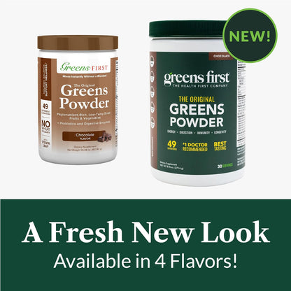 Greens First Original Greens Powder - 49 Superfoods, Organic Fruits & Vegetables, Prebiotics & Probiotics, Chocolate - 30 Servings