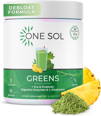 One Sol Greens Super Greens Powder – Pre & Probiotic with Digestive Enzymes, Vegan & Soya-free