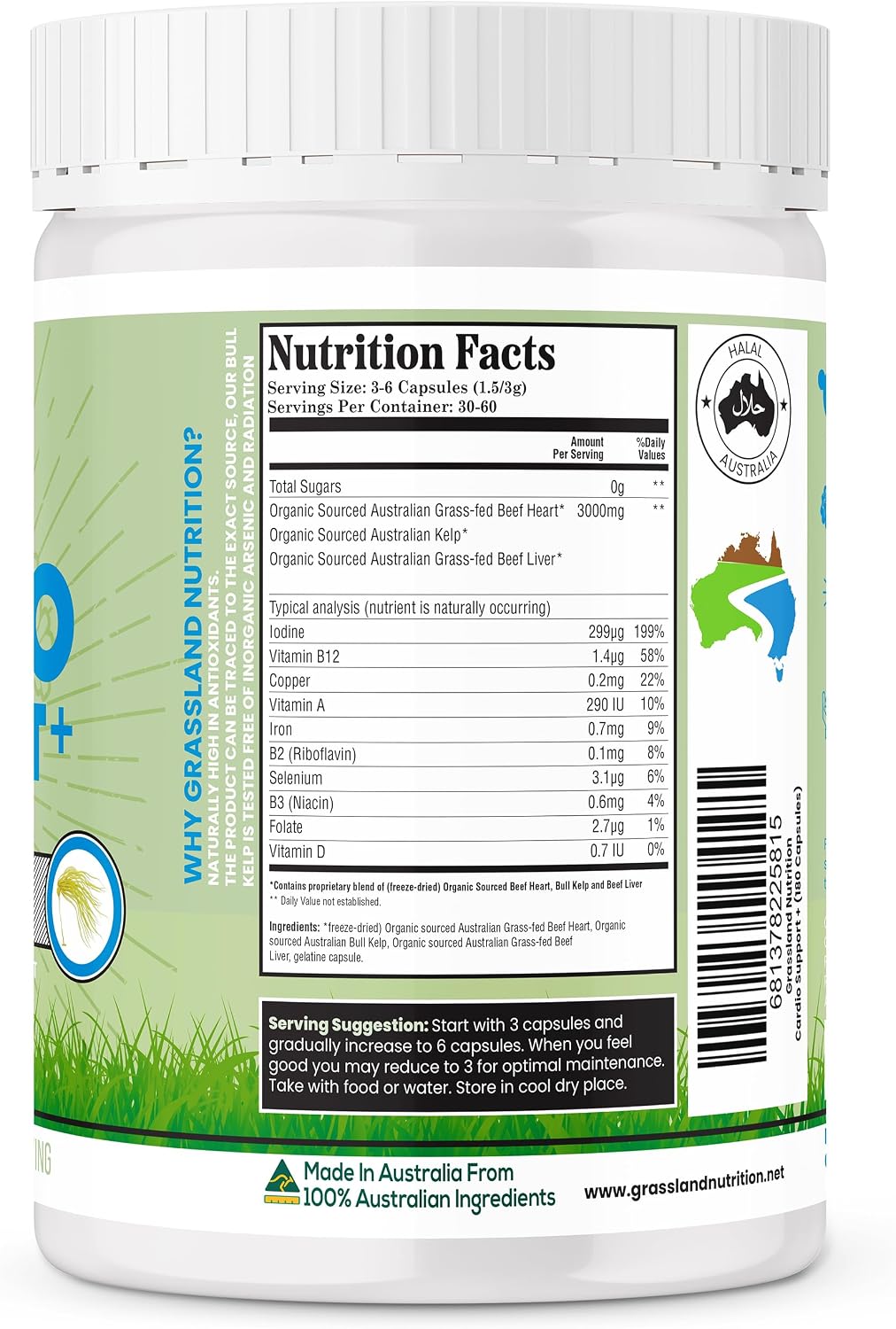 GRASSLAND NUTRITION 100% Organic Australian: Cardio Support Beef Organ Blend – CoQ10, B12, Iodine (180 Capsules) - görsel 2