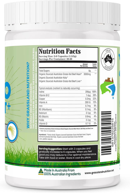 GRASSLAND NUTRITION 100% Organic Australian: Cardio Support Beef Organ Blend – CoQ10, B12, Iodine (180 Capsules)