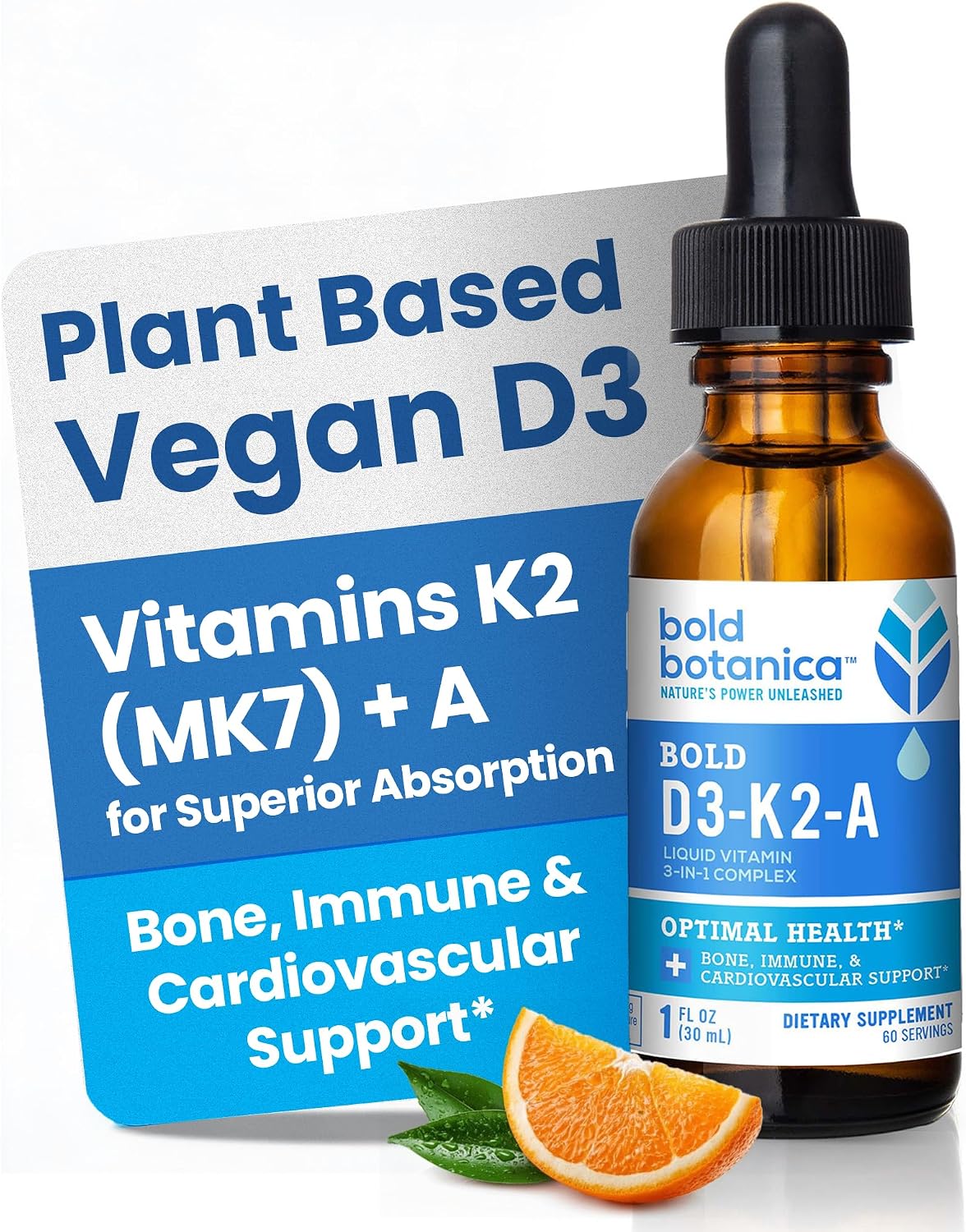 Bold Botanica Vitamin D3-K2-A Liquid Drops – 2500 IU Vegan D3 from Algae with K2 (MK7) & A, 3-in-1 Immune, Bone & Heart Support, Orange Flavour (30 ml, 60 Servings) - görsel 1