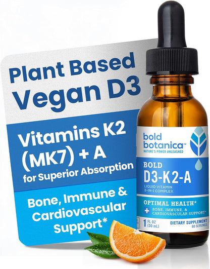 Bold Botanica Vitamin D3-K2-A Liquid Drops – 2500 IU Vegan D3 from Algae with K2 (MK7) & A, 3-in-1 Immune, Bone & Heart Support, Orange Flavour (30 ml, 60 Servings)