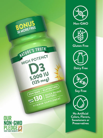 Nature's Truth Vitamin D3 5000 IU Softgels – 130 Count