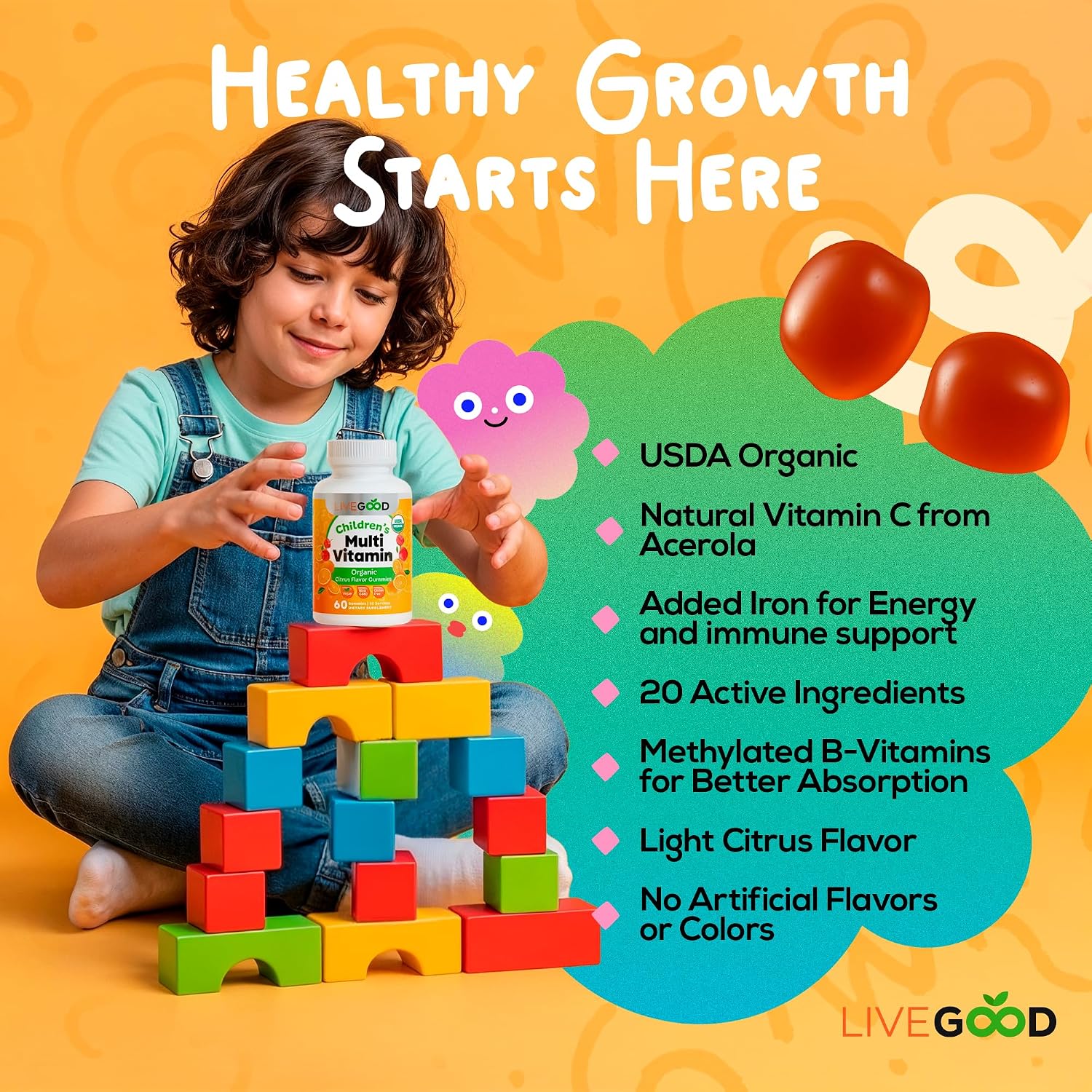 LIVEGOOD Organic Children’s Multivitamin Gummies – Kids Multivitamin with Vitamin D for Immune Support, Growth & Energy (60 Gummies) - görsel 2