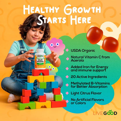 LIVEGOOD Organic Children’s Multivitamin Gummies – Kids Multivitamin with Vitamin D for Immune Support, Growth & Energy (60 Gummies)