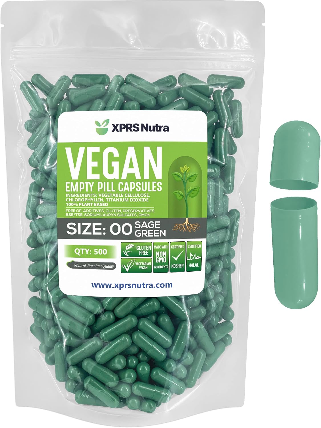 XPRS Nutra Size 00 Empty Capsules – 500 Count Vegan Capsules (Sage Green) - görsel 1